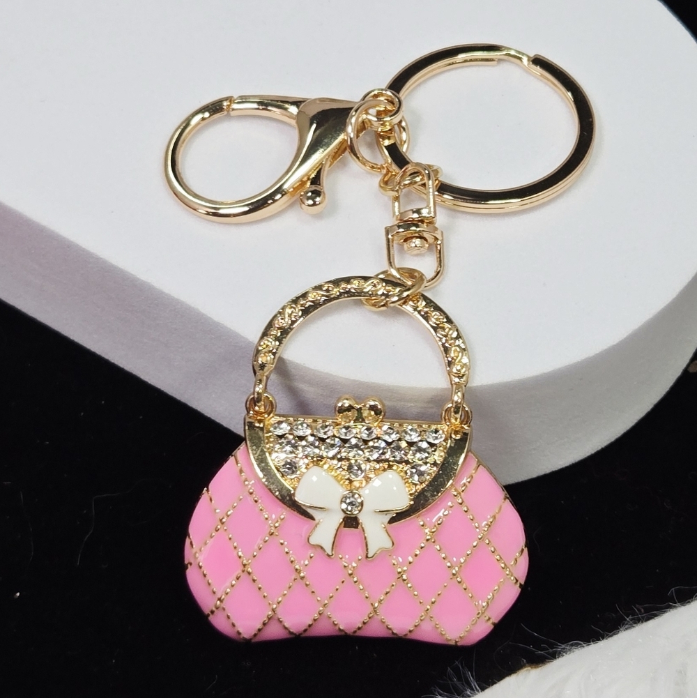 Pink Quilted Purse Rhinestone Keychain Gold Bag Charm w/ Bow Puffy Keyring Clip - Picture 2 of 12